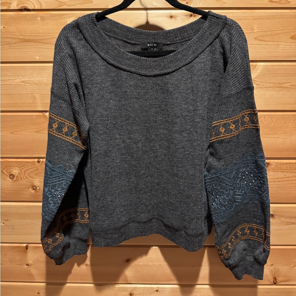 Like New - Miss Me Grey Knit Balloon Sleeve Sweater - Size Small